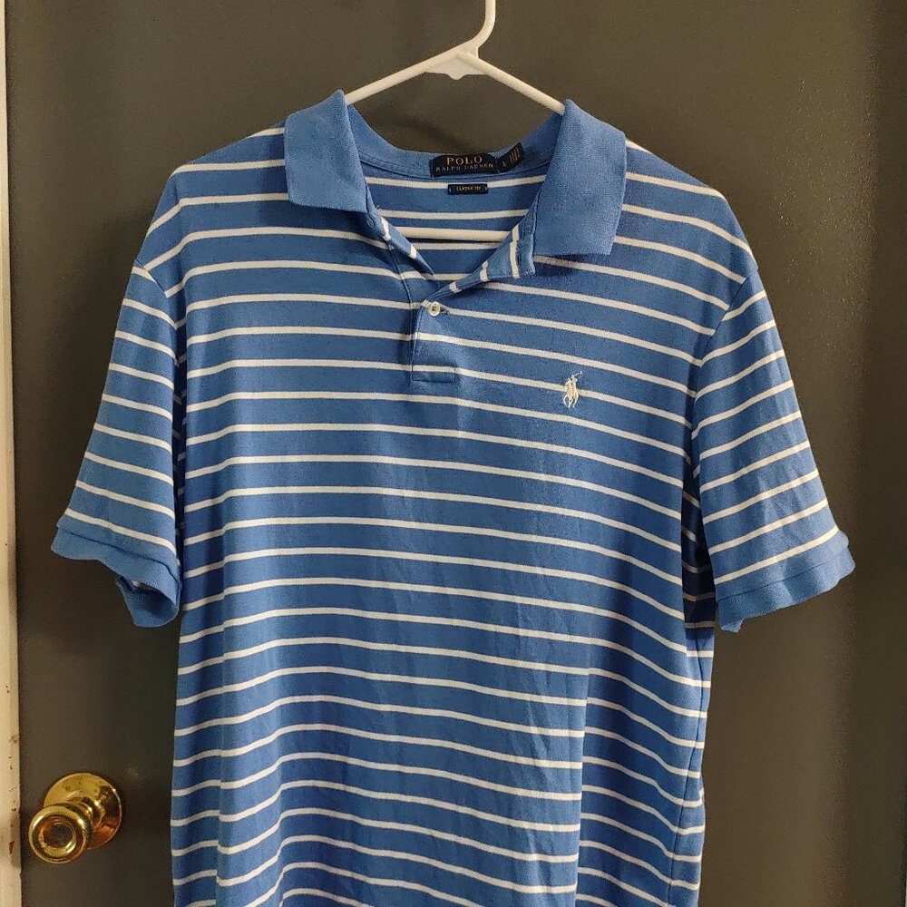 Polo Ralph Lauren Polo Shirt Men's Large Classic Fit Carolina Blue White Stripes